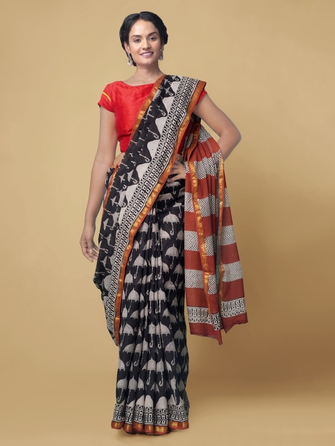 

Unnati Silks Black Pure Cotton Printed Bagru Handloom Saree