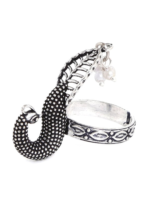 

Amoliconcepts Silver-Toned & White Beaded Oxidised Peacock Design Adjustable Finger Ring