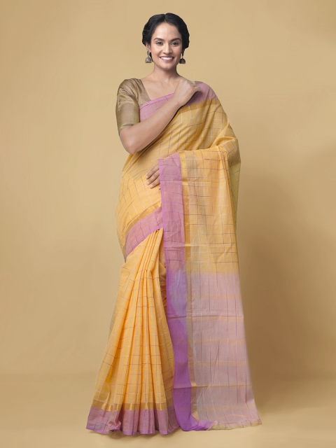 

Unnati Silks Yellow & Lavender Pure Cotton Checked Mangalagiri Saree