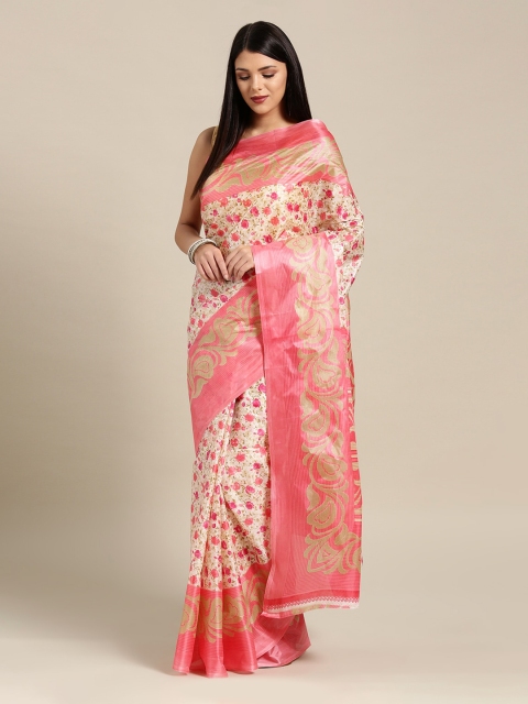 

Chhabra 555 Beige & Pink Poly Silk Printed Bhagalpuri Saree