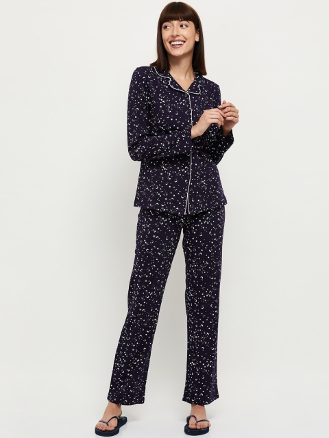

max Women Navy Blue & White Printed Night suit