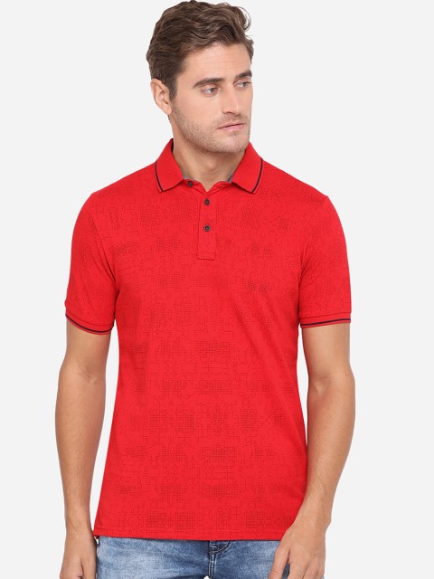 

JADE BLUE Men Red Printed Slim Fit Polo Collar Cotton Pure Cotton T-shirt