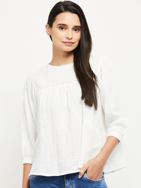 

max Cream-Coloured Floral Embroidered Pure Cotton A-Line Top