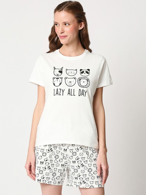 

Bewakoof Women White & Black Printed Night suit