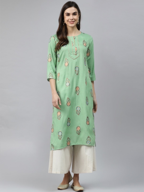 

nesara Women Green & Peach-Coloured Floral Printed Kurta