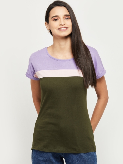 max Women Purple Colourblocked Round Neck T-shirt