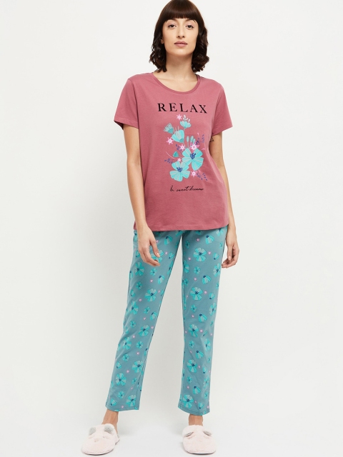 

max Women Mauve & Blue Printed Night suit