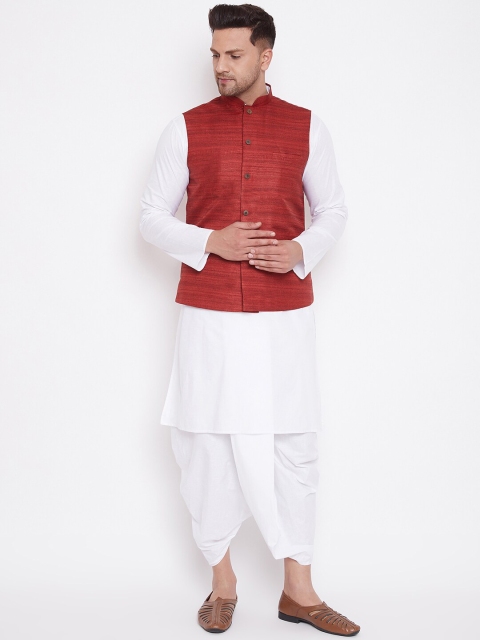 

VASTRAMAY Men White & Maroon Solid Kurta with Dhoti Pants & Nehru Jacket