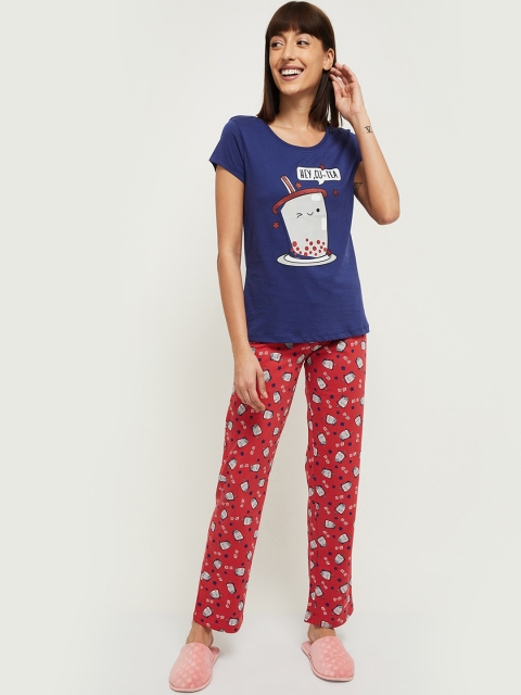 

max Women Navy Blue & Red Printed Night suit