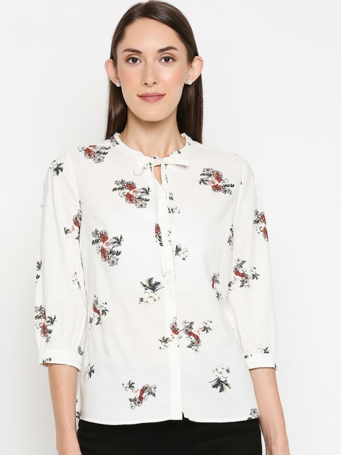 

Kraus Jeans Off White & Black Floral Printed Tie-Up Neck Puff Sleeves Regular Top
