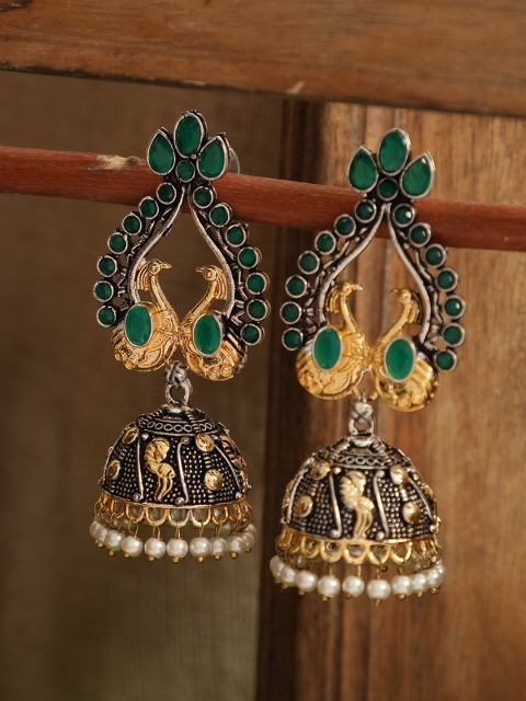 

ANIKAS CREATION Green & Gold-Plated Peacock Shaped Jhumkas