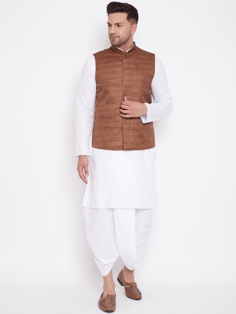 

VASTRAMAY Men White And Coffee Cotton Silk Blend Jacket, Kurta and Dhoti Set