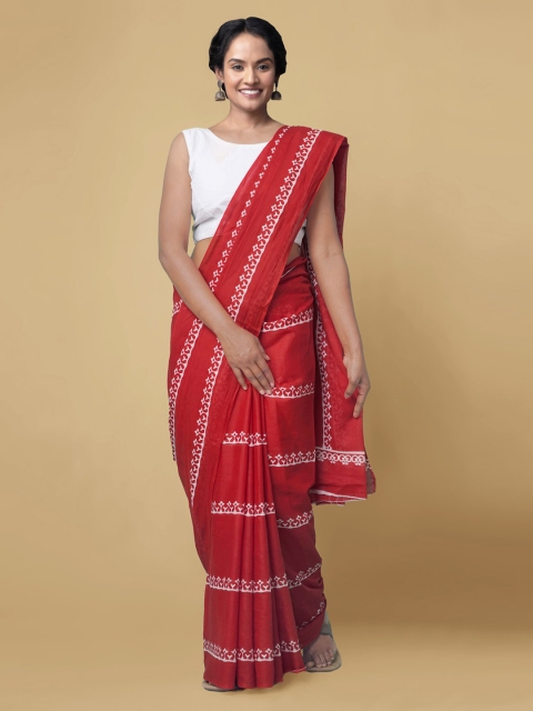 

Unnati Silks Red & Off-White Pure Cotton Printed Dabu Saree