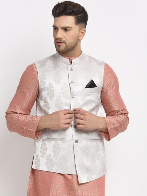 

NEUDIS Men Grey Jacquard Woven Design Nehru Jacket
