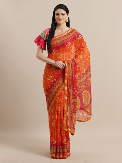 

Chhabra 555 Orange & Pink Poly Georgette Printed Bandhani Saree