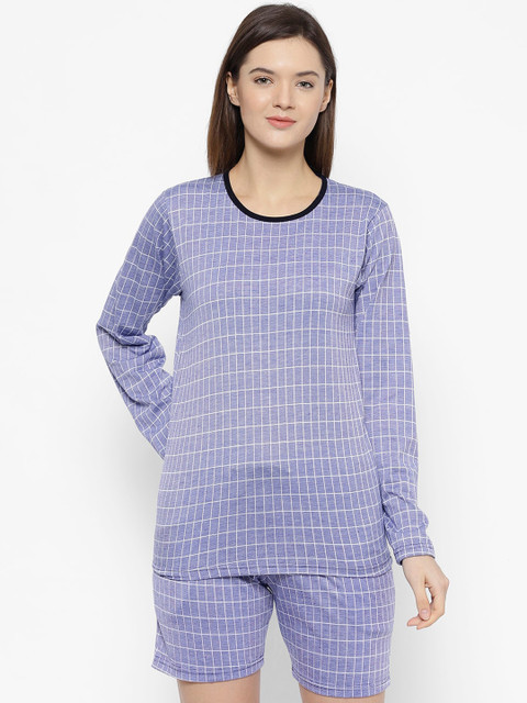

VIMAL JONNEY Women Lavender & White Checked Night Suit CHK_BLUE_T_FS_D11_02