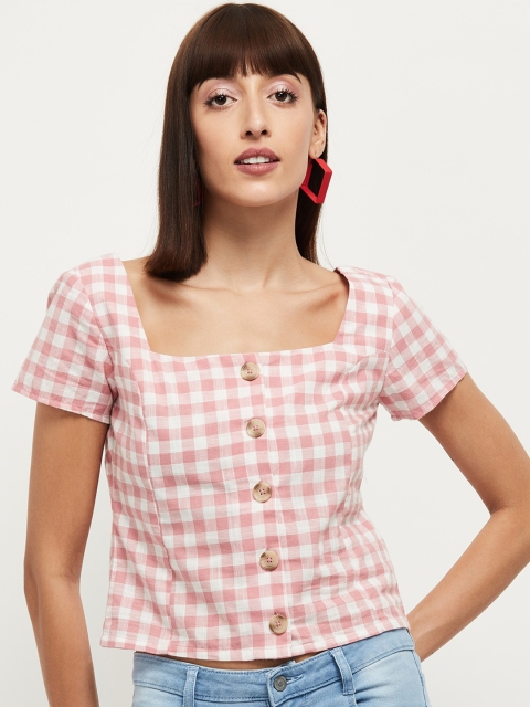 

max Peach-Coloured Checked Pure Cotton Regular Top