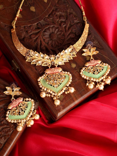 

ANIKAS CREATION Gold-Plated Sea Green & White Kundan-Studded Enamelled Jewellery Set