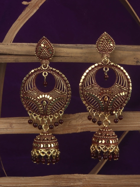 

ANIKAS CREATION Maroon Gold Plated Enamelled Contemporary Drop Earrings
