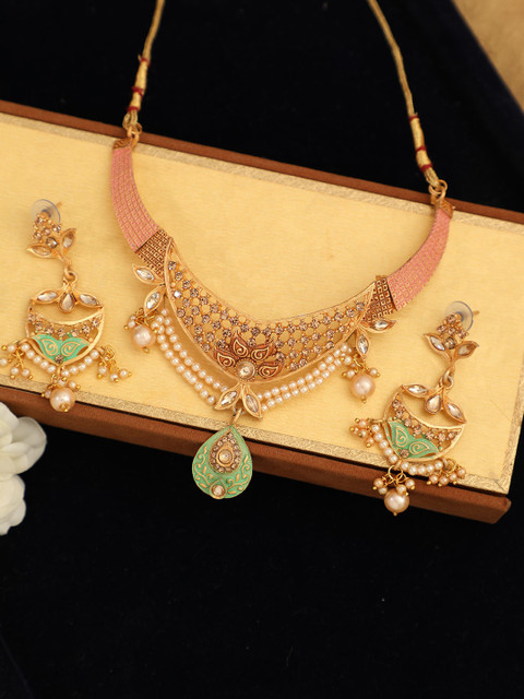 

ANIKAS CREATION Gold-Plated Peach & Sea Green Kundan-Studded Beaded Enamelled Traditional Jewellery Set