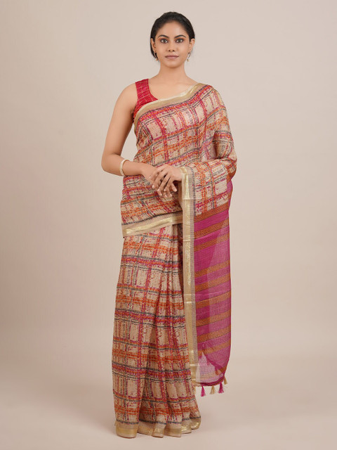 

Pothys Multicoloured Printed Jute Silk Saree with Tasseled Pallu, Multi