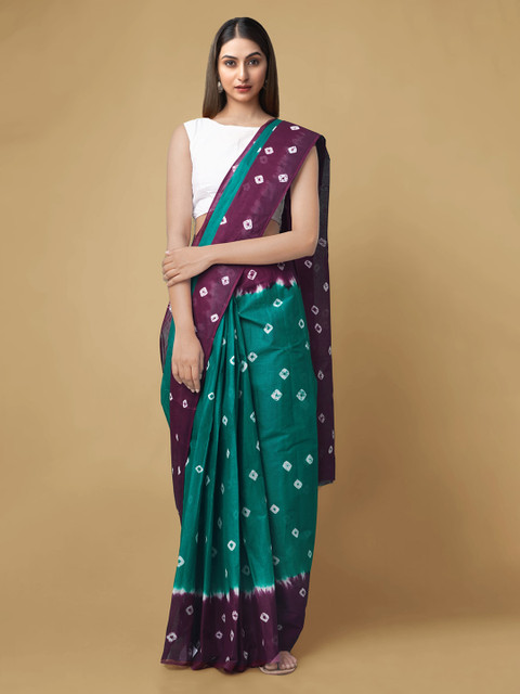 

Unnati Silks Green & Purple Pure Cotton Printed Bandhani Handloom Sustainable Saree