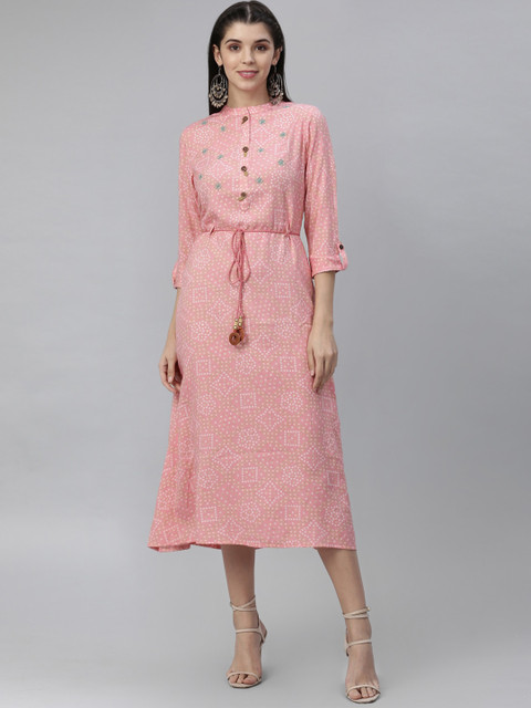 

nesara Women Pink Printed With Hand Embroidered Detailed A-Line Dress