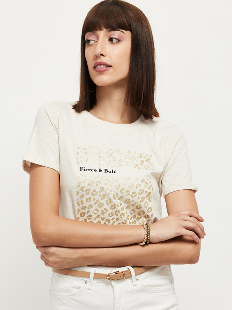 

max Women Cream-Coloured Printed Round Neck T-shirt