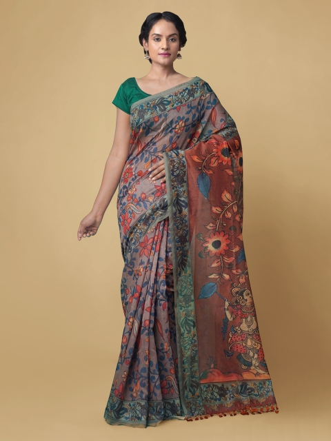 

Unnati Silks Multicoloured Silk Cotton Printed Kalamkari Chanderi Sico Saree, Multi