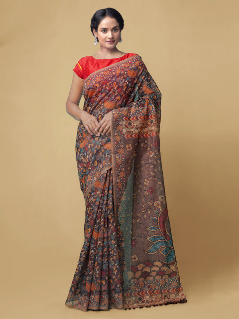 

Unnati Silks Black Silk Cotton Kalamkari Chanderi Sico Saree