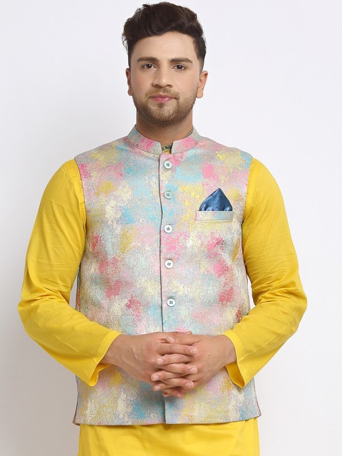

NEUDIS Men Blue & Pink Jacquard Woven Design Nehru Jacket