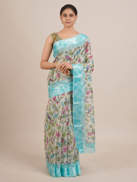 

Pothys Off-White & Pink Linen Blend Printed Saree