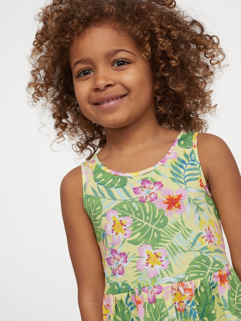 

H&M Girls Yellow & Green Cotton Patterned Jersey Dress