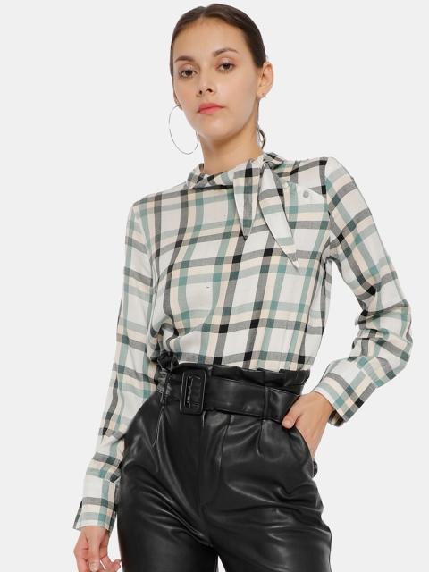 

ELLE White & Black Checked Tie-Up Neck Pure Cotton Regular Top