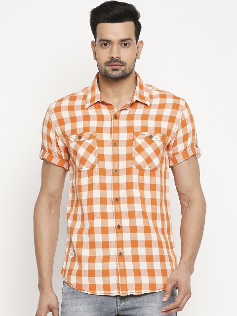 

Mufti Men Orange & White Slim Fit Checked Cotton Linen Casual Shirt