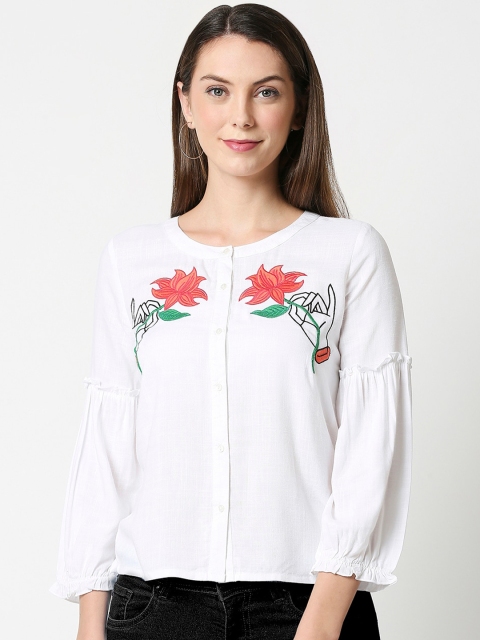 

Bewakoof White & Pink Floral Embroidered Pure Cotton Shirt Style Top