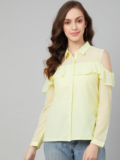 

RARE Yellow Cold-Shoulder Sleeves Georgette Shirt Style Top