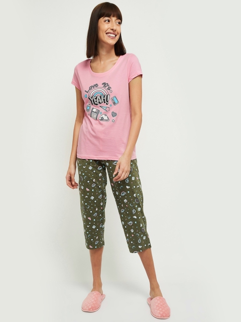 

max Women Pink & Olive Green Printed Night Suit