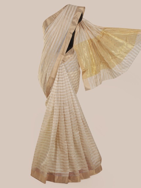 

Pothys Cream-Coloured Pure Silk Striped Kanjeevaram Saree