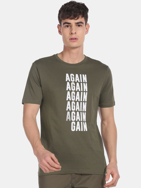 

Colt Men Olive Green Printed Round Neck Cotton T-shirt