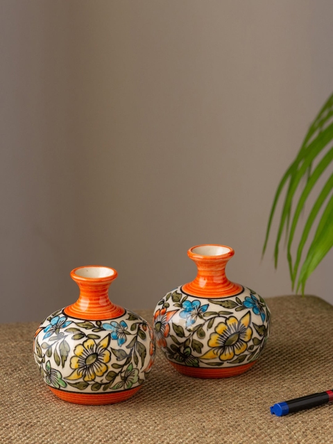 

ExclusiveLane Set Of 2 Orange & Off-White Hand-Painted Ceramic Vases