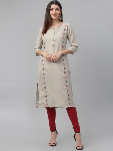 

nesara Women Grey Geometric Thread Work Kurta