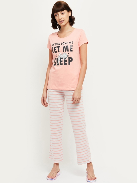 

max Women Peach-Coloured & White Printed T-shirt and Pyjama Set
