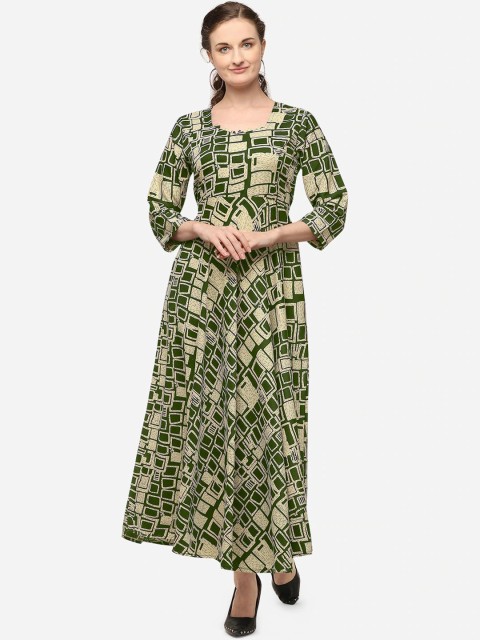 

VENISA Women Olive Green & Beige Printed Maxi Dress