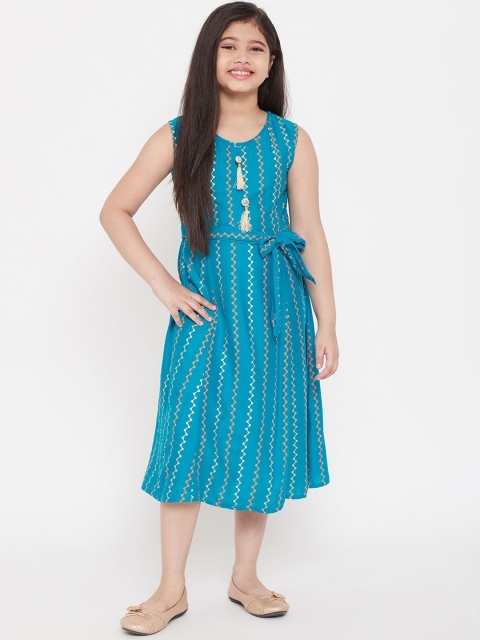 

Baani Creations Girls Turquoise Blue & Orange Printed A-Line Dress
