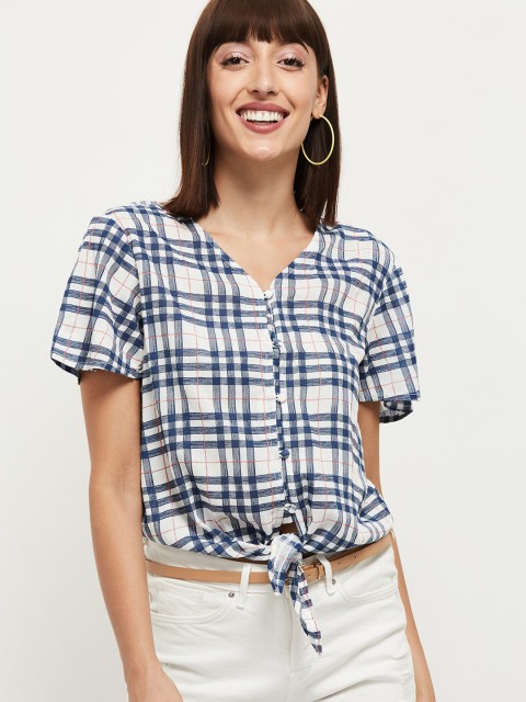 

max Cream-Coloured & Blue Checked Flared Sleeves Shirt Style Crop Top