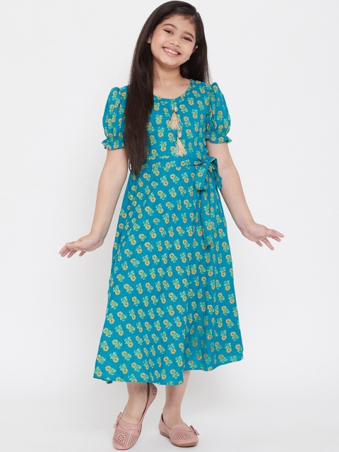 

Baani Creations Girls Turquoise Blue Printed Fit and Flare Dress