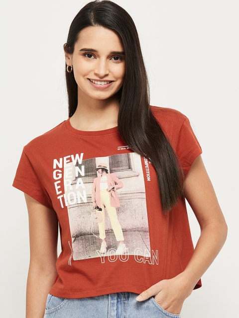 

max Women Red Printed Round Neck T-shirt