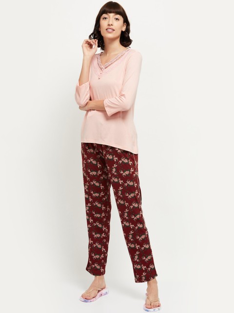 

max Women Pink & Maroon Solid Pure Cotton Night Suit SP21CR02
