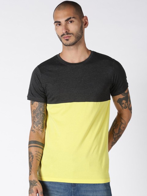 

Blue Saint Men Black & Yellow Colourblocked Round Neck T-shirt